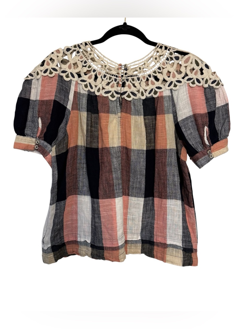 Anthropologie Maeve Plaid Crochet Bib Blouse Boho Swing Top M - Picture 2 of 12